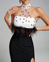 Halter Neck Feather Design Bandage Maxi Dress